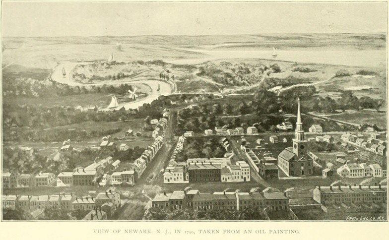 View of Newark, N. J., in 1790, taken from an old oil painting / Ansicht von Newark, N. J., 1790, von einem alten Ölgemälde