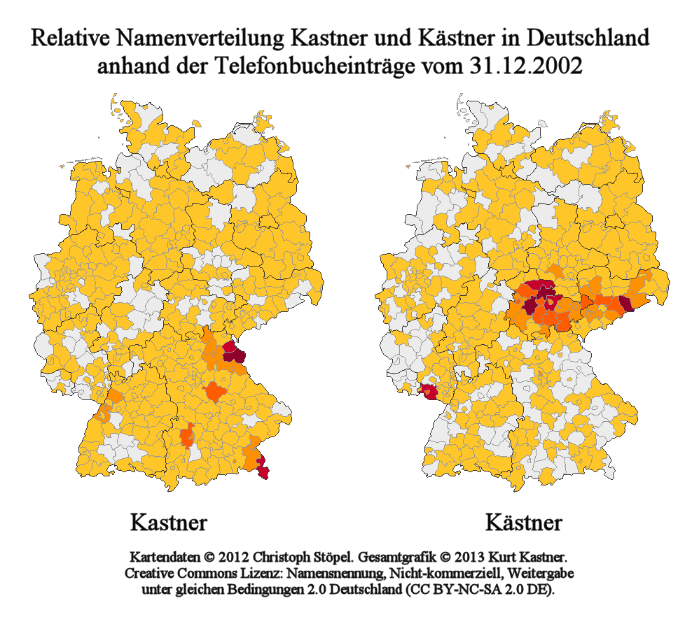 Namensverteilung Kastner und Kästner in Deutschland